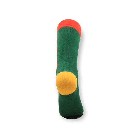 A pair of unisex green apple design everyday cotton socks laid flat