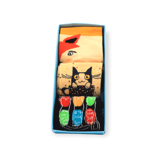 The full unisex three-pack socks box set with fox cat and three cats designs laid flat