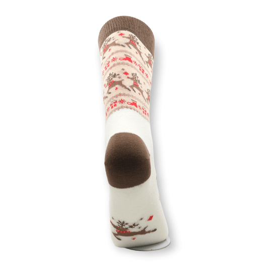 A pair of unisex deer design Christmas cotton socks laid flat