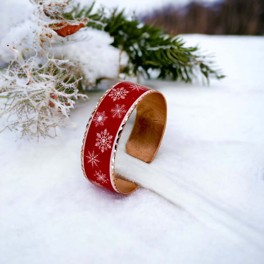 Close-up of the copper texture on festive copper snowflake Christmas bracelet
