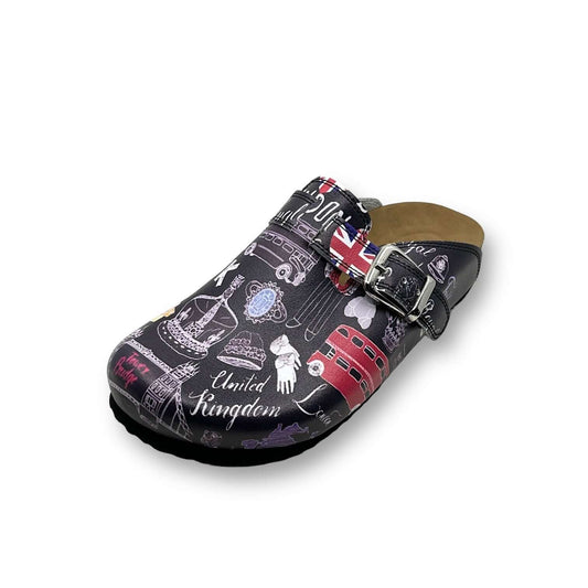 Side profile of handmade unisex orthopedic London design leather clogs with a cork sole