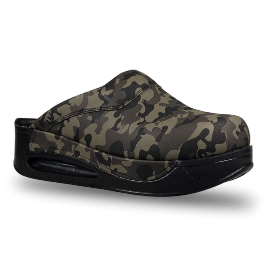 Side profile of camouflage print leather clogs with a black Air Clogx sole