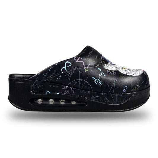 Side profile of handmade professor cat design leather clogs with an Air Clogx sole