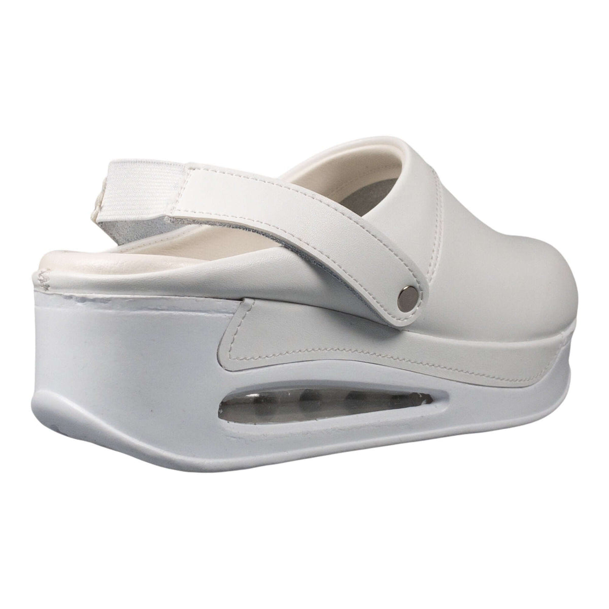 Top-down view of handmade white leather clogs with a breathable Air Clogx sole