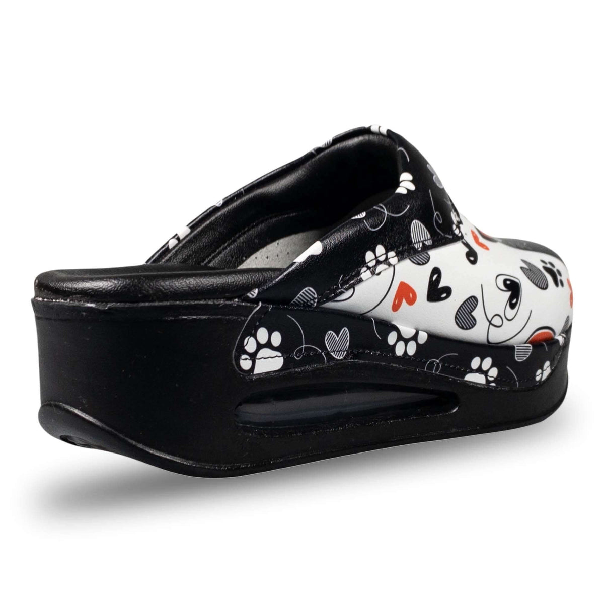 Top-down view of handmade black cat design leather clog slippers with an Air Clogx sole