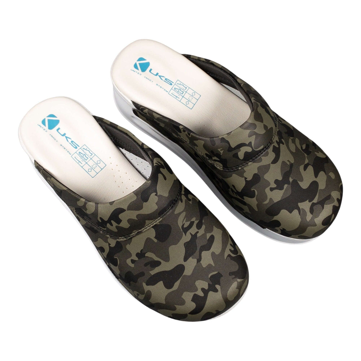 Heel and back view of camouflage leather clogs with a white Air Clogx sole