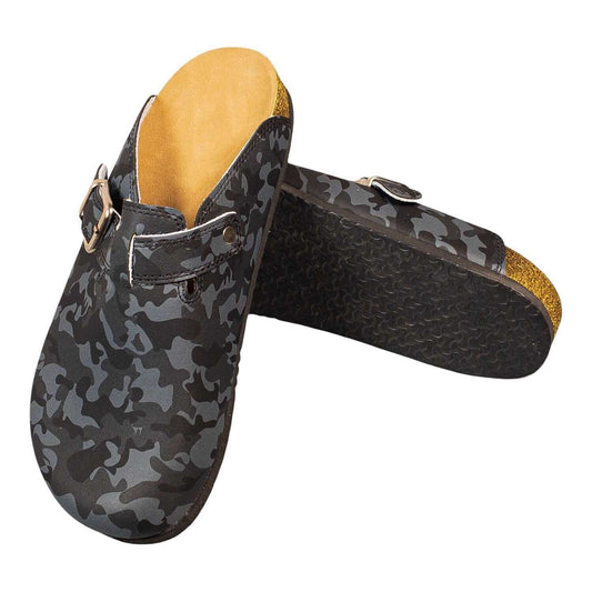 Camouflage leather cork sole clogs viewed from the side
