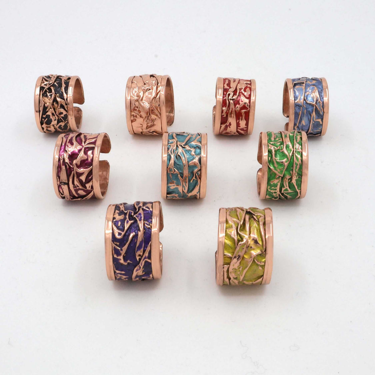 Inside band view of handmade blue wrinkled copper adjustable ring