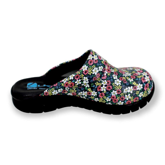 Side profile of handmade unisex purple flower leather clogs with a Comfortflex sole