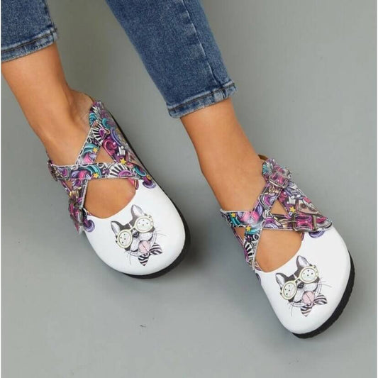 Dog print leather cork sole clogs in side profile