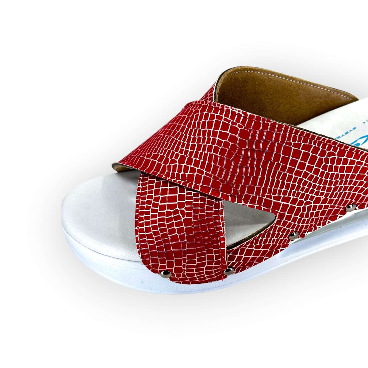 Heel and back view of red and silver cross band leather clogs with an Air Clogx sole