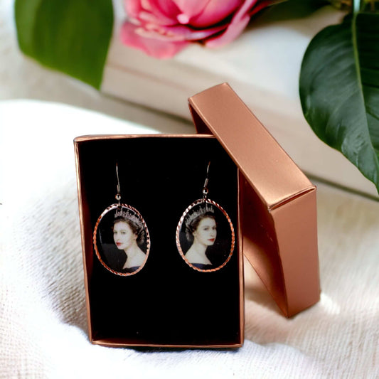 Close-up of the copper texture on artisan Queen Elizabeth II copper oval earrings