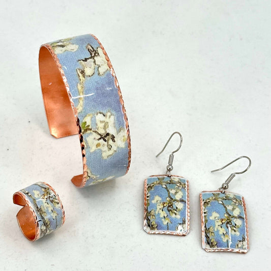 Front view of three-piece Van Gogh Almond Blossom copper jewellery set