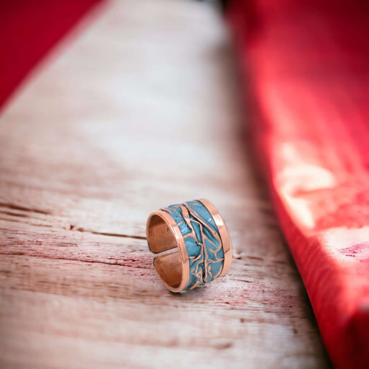 Close-up of the copper texture on turquoise wrinkled copper adjustable ring