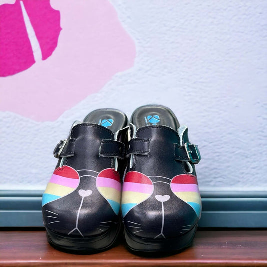 Side profile of colourful cat glasses leather clogs with an Air Clogx sole