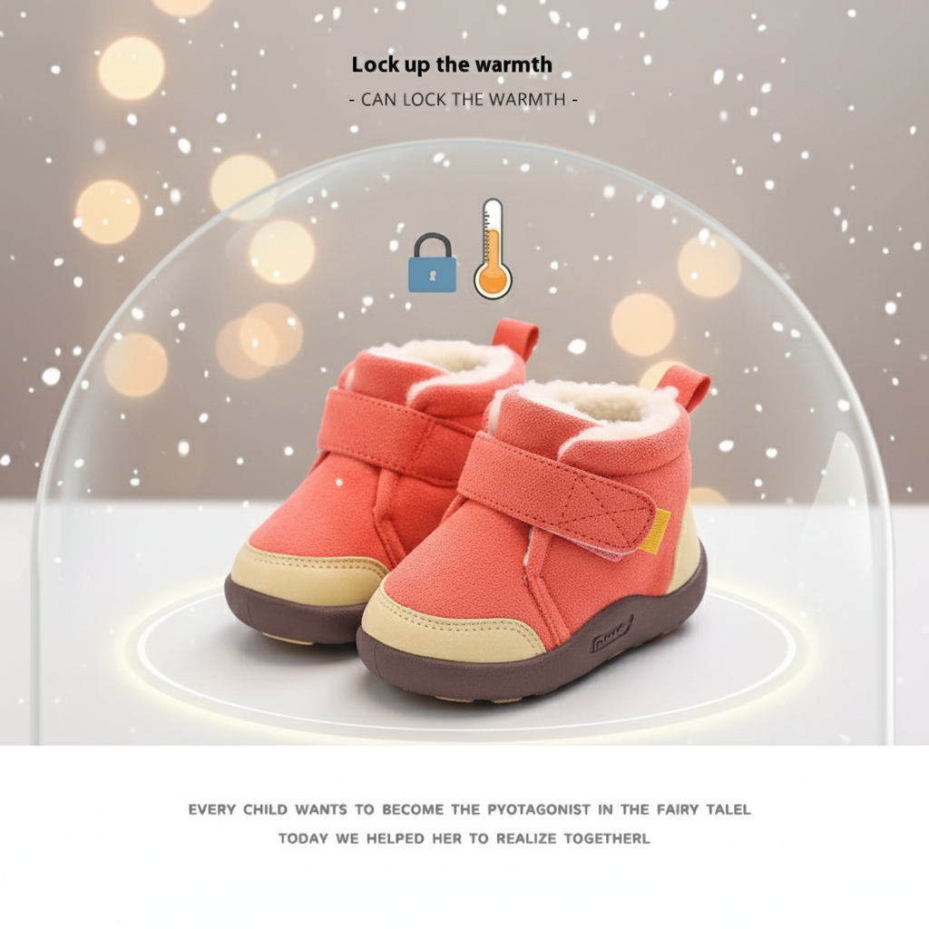 Angled three-quarter view of warm unisex winter baby boots with a non-slip first walker sole
