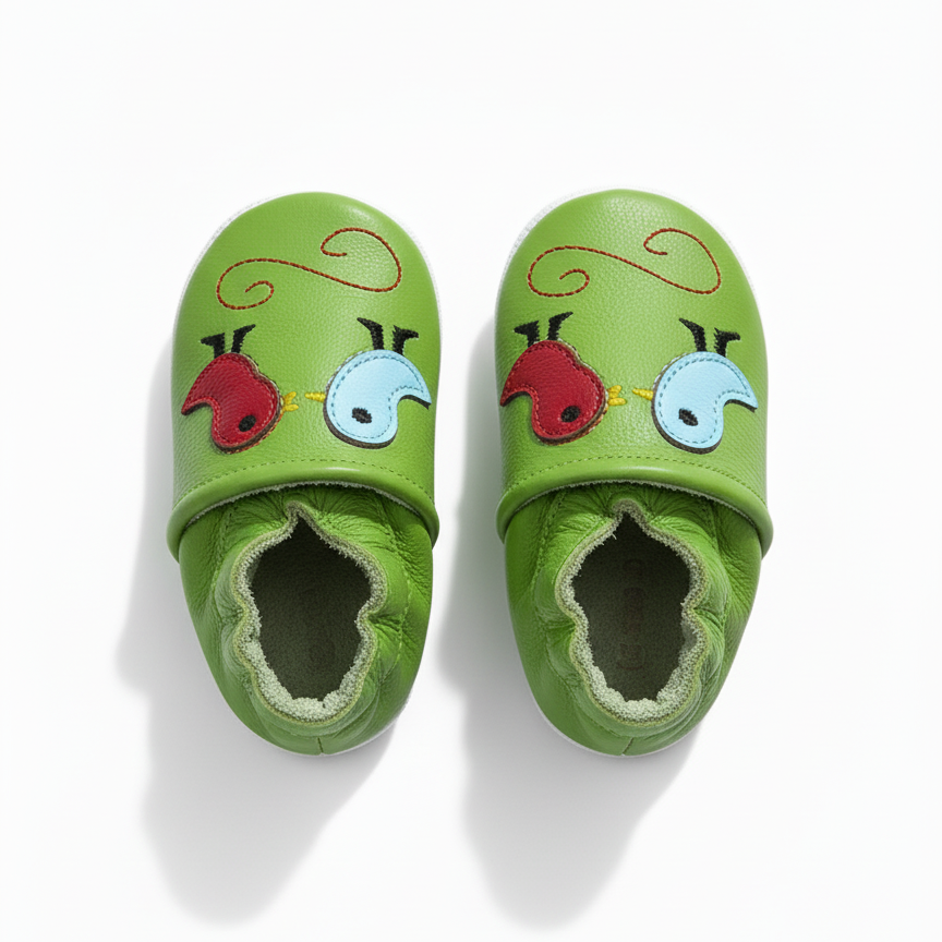 Green birds design genuine leather baby booties worn on the foot
