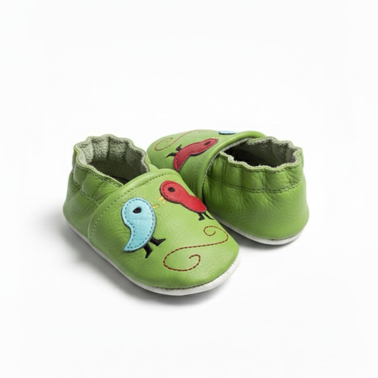Top-down view of green birds design genuine leather baby booties