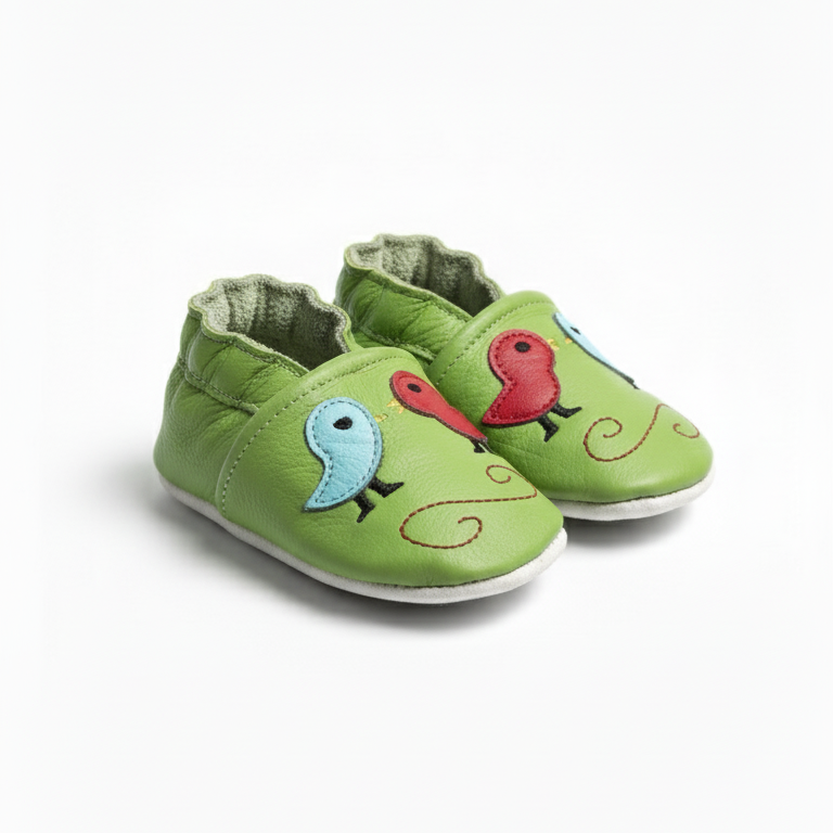 Side profile of green birds design genuine leather baby booties