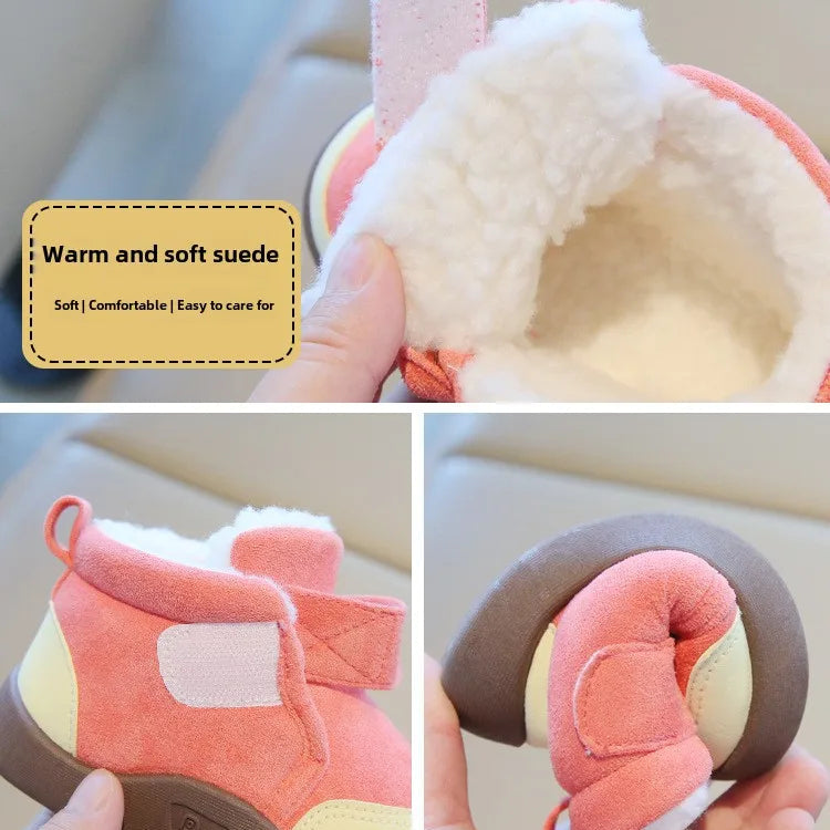 Top-down view of warm unisex winter baby boots with a non-slip first walker sole