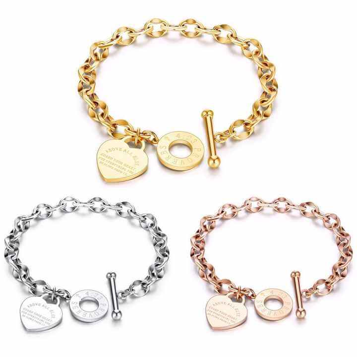 Front view of heart charm chain bracelet with a steel toggle clasp