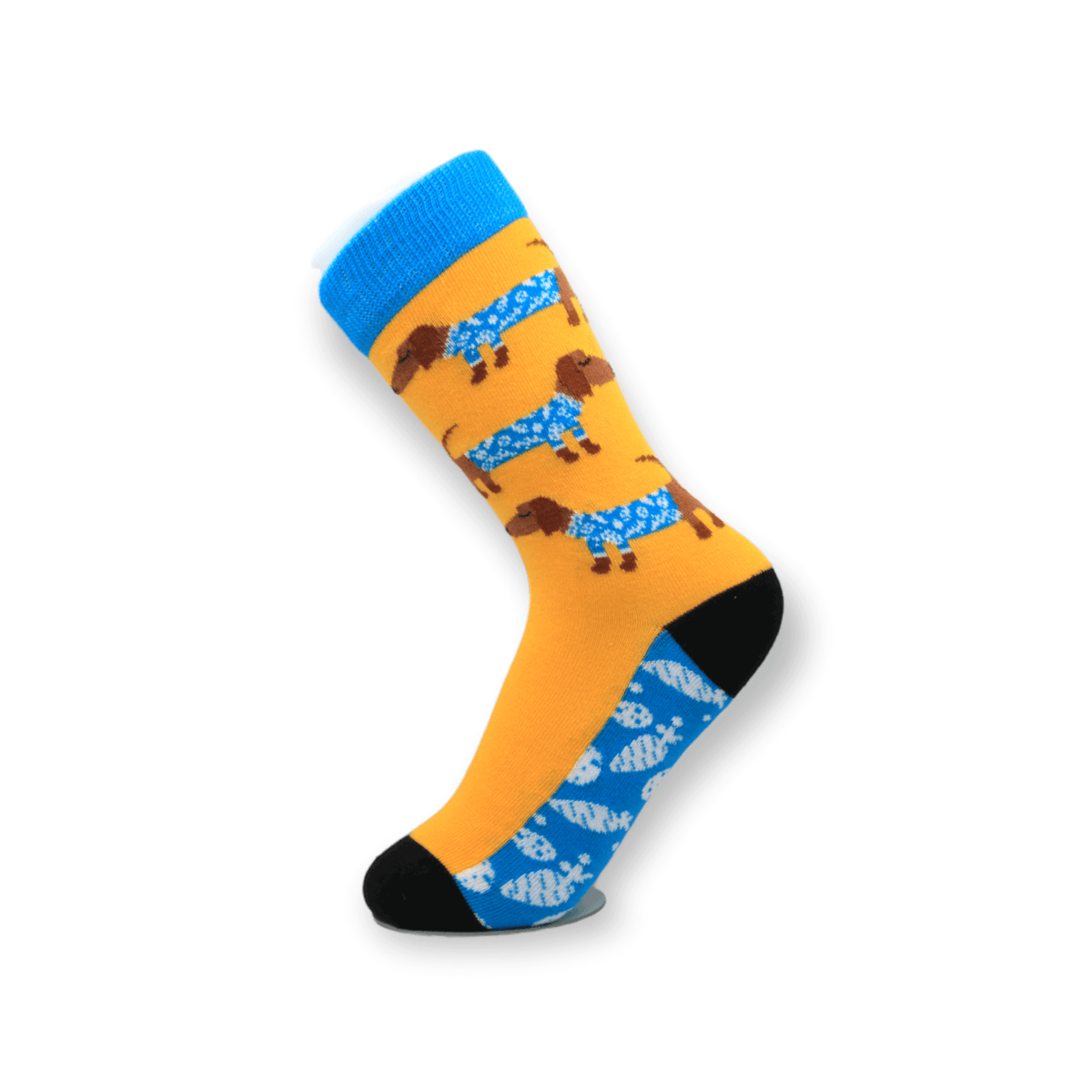 Close-up of the knitted design on three-piece socks box set with sausage dog mushroom and fox designs