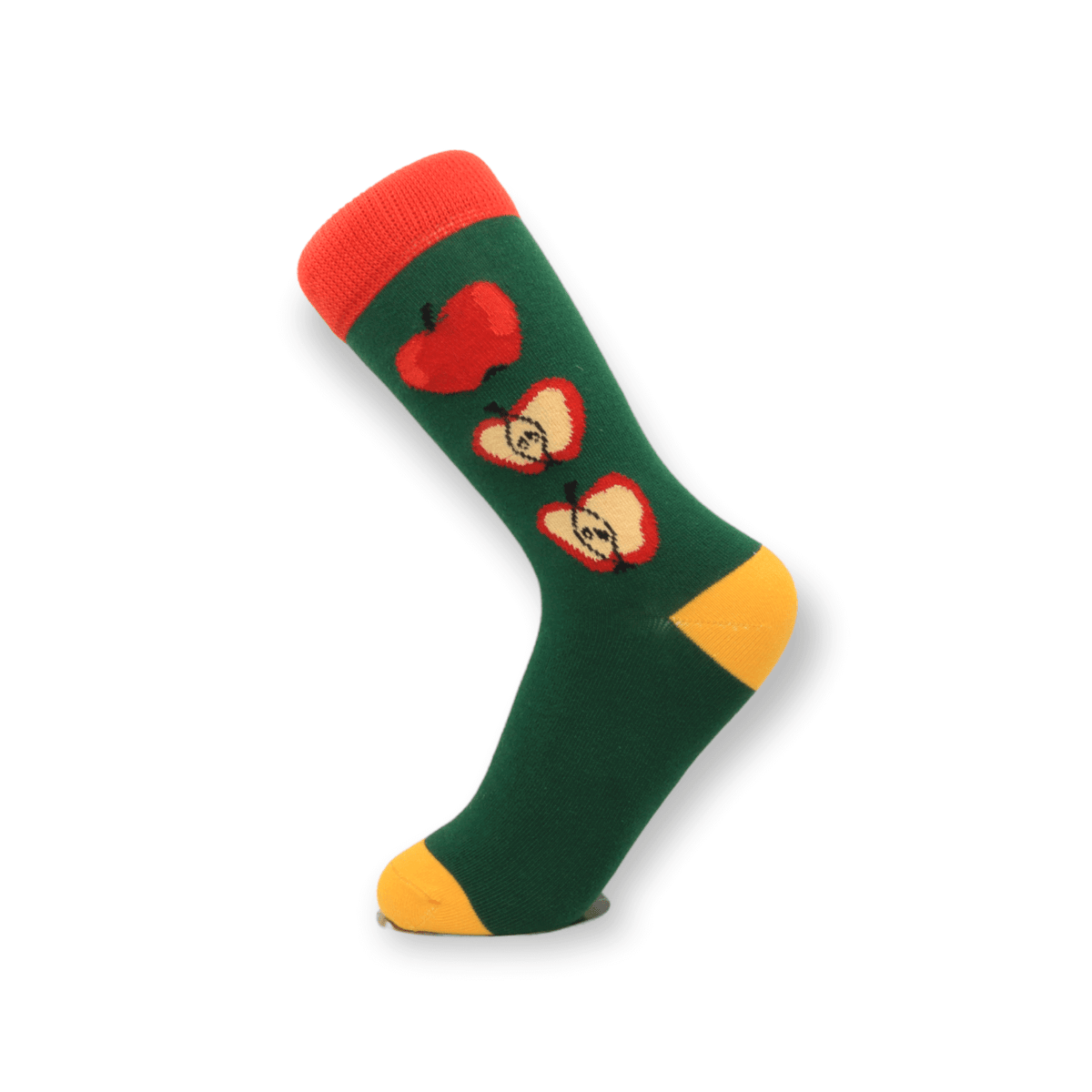Close-up of the knitted design on three-piece socks box set with sausage dog fox and apple designs