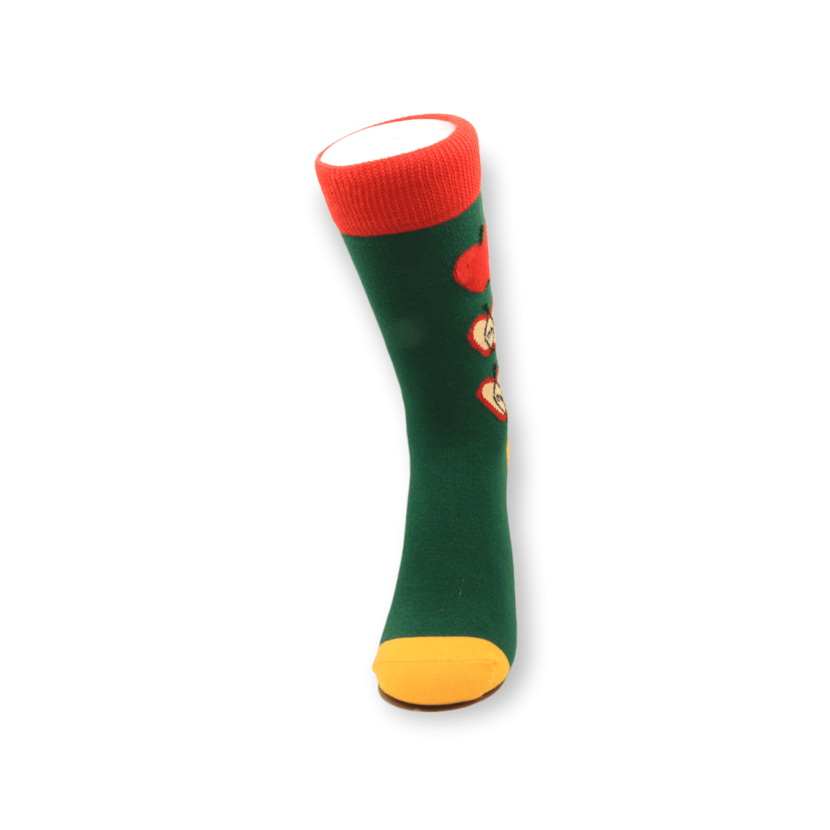 Cuff and ribbed top detail of unisex green apple design everyday cotton socks