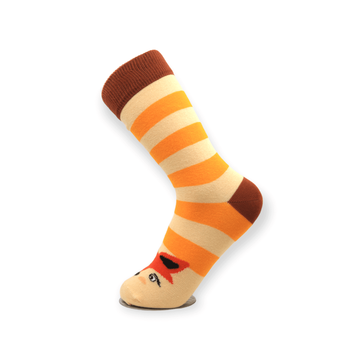 Top-down view of three-piece socks box set with sausage dog fox and apple designs