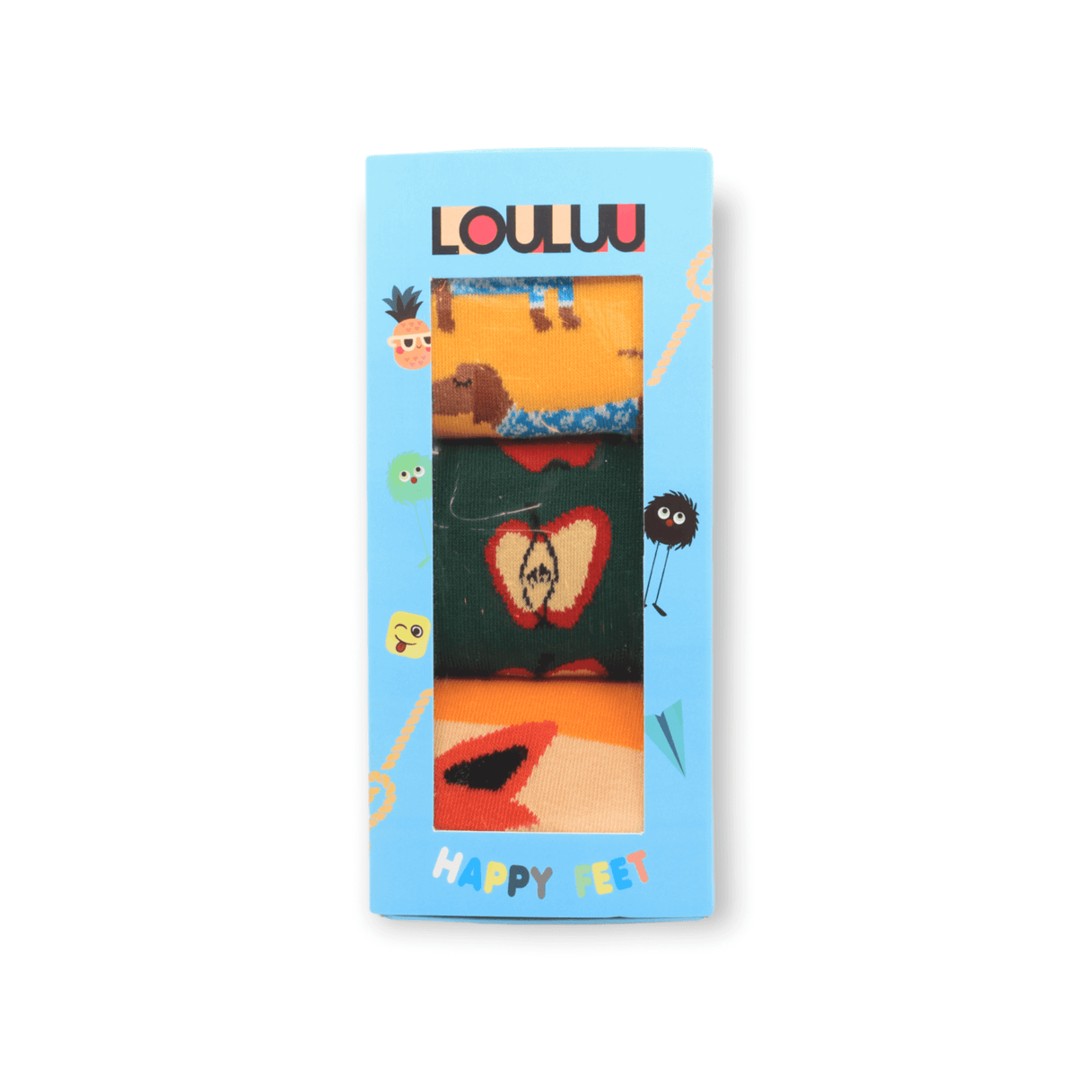 Front view of three-piece socks box set with sausage dog fox and apple designs