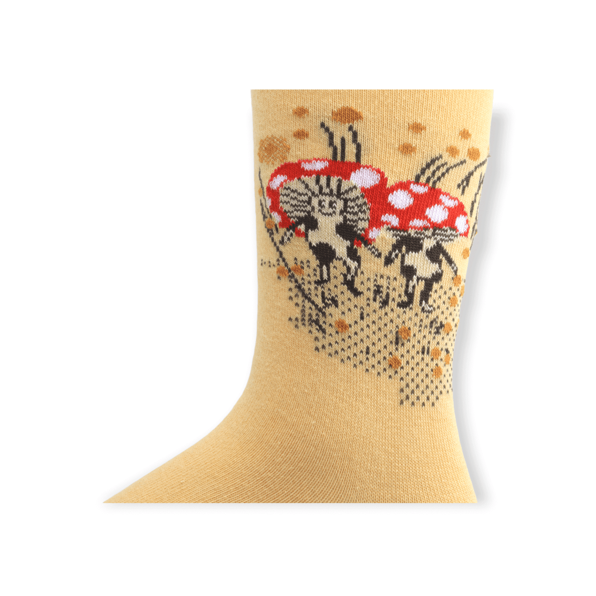 Cuff and ribbed top detail of unisex mushroom design casual cotton socks