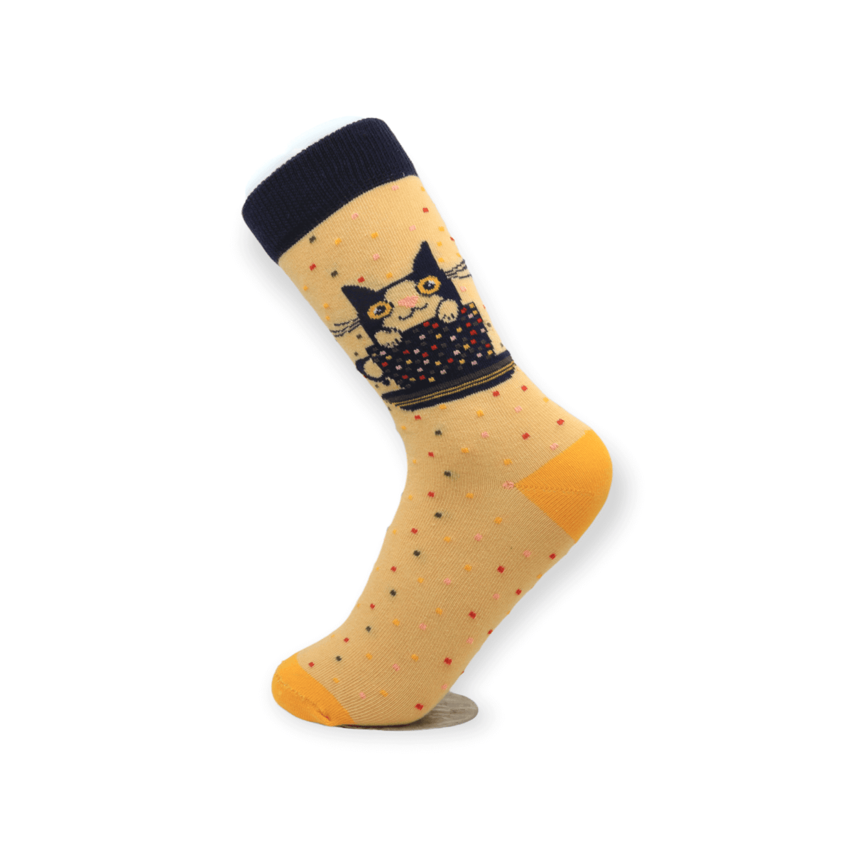 Unisex three-pack socks box set with fox cat and three cats designs worn on the feet