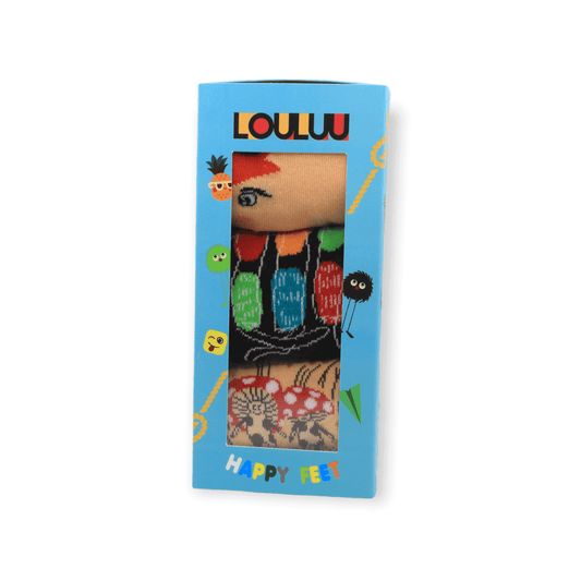 Front view of three-pack socks box set with mushroom fox and three cats designs