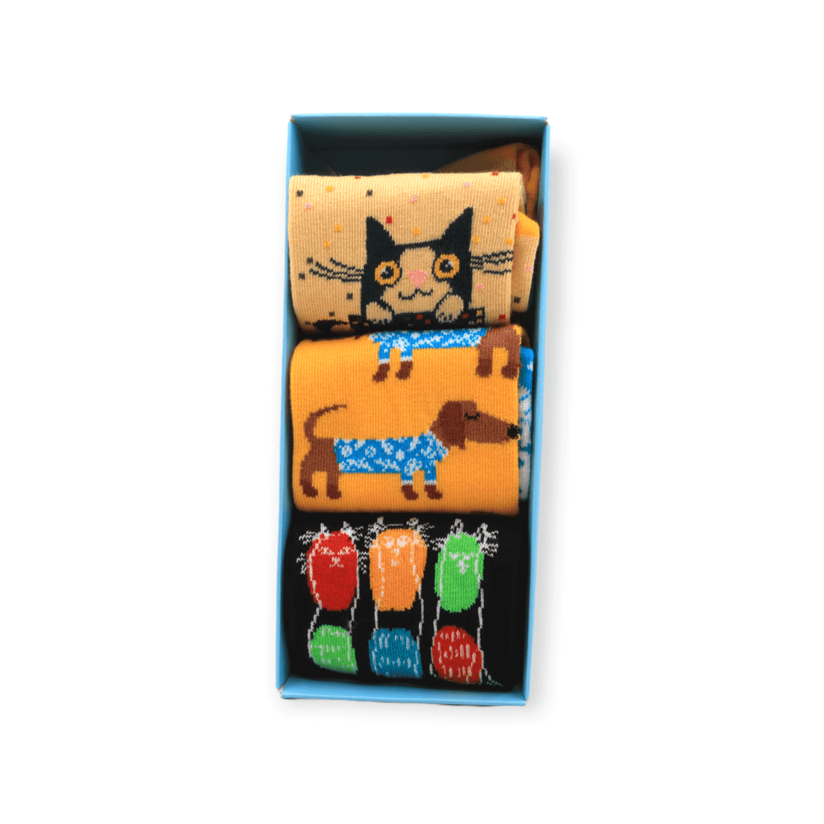 The full socks box set with sausage dog cat in a cup and three cats designs laid flat
