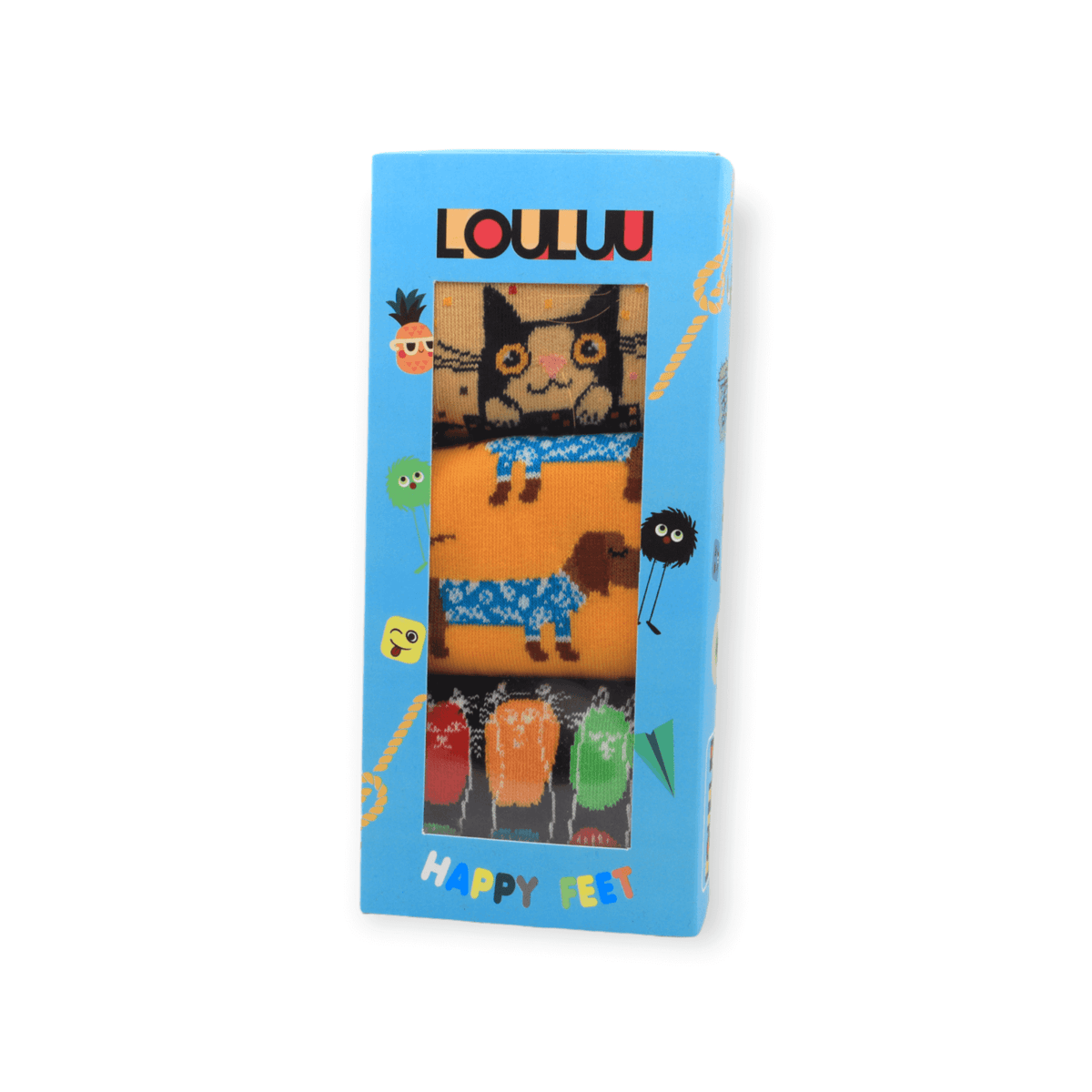 Front view of socks box set with sausage dog cat in a cup and three cats designs