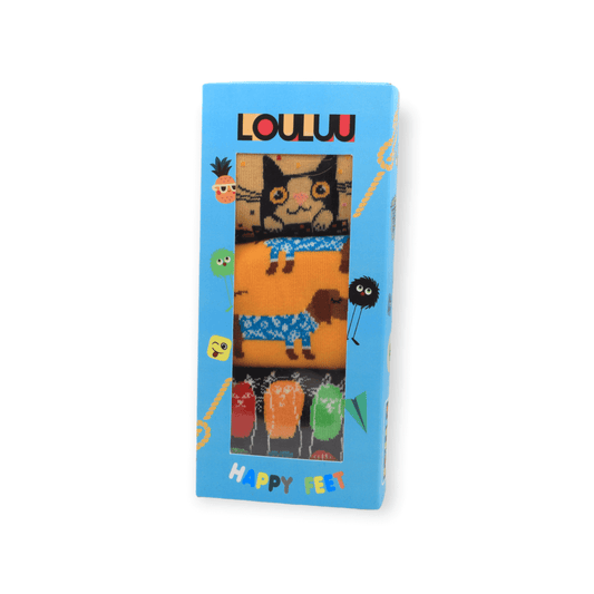Front view of socks box set with sausage dog cat in a cup and three cats designs