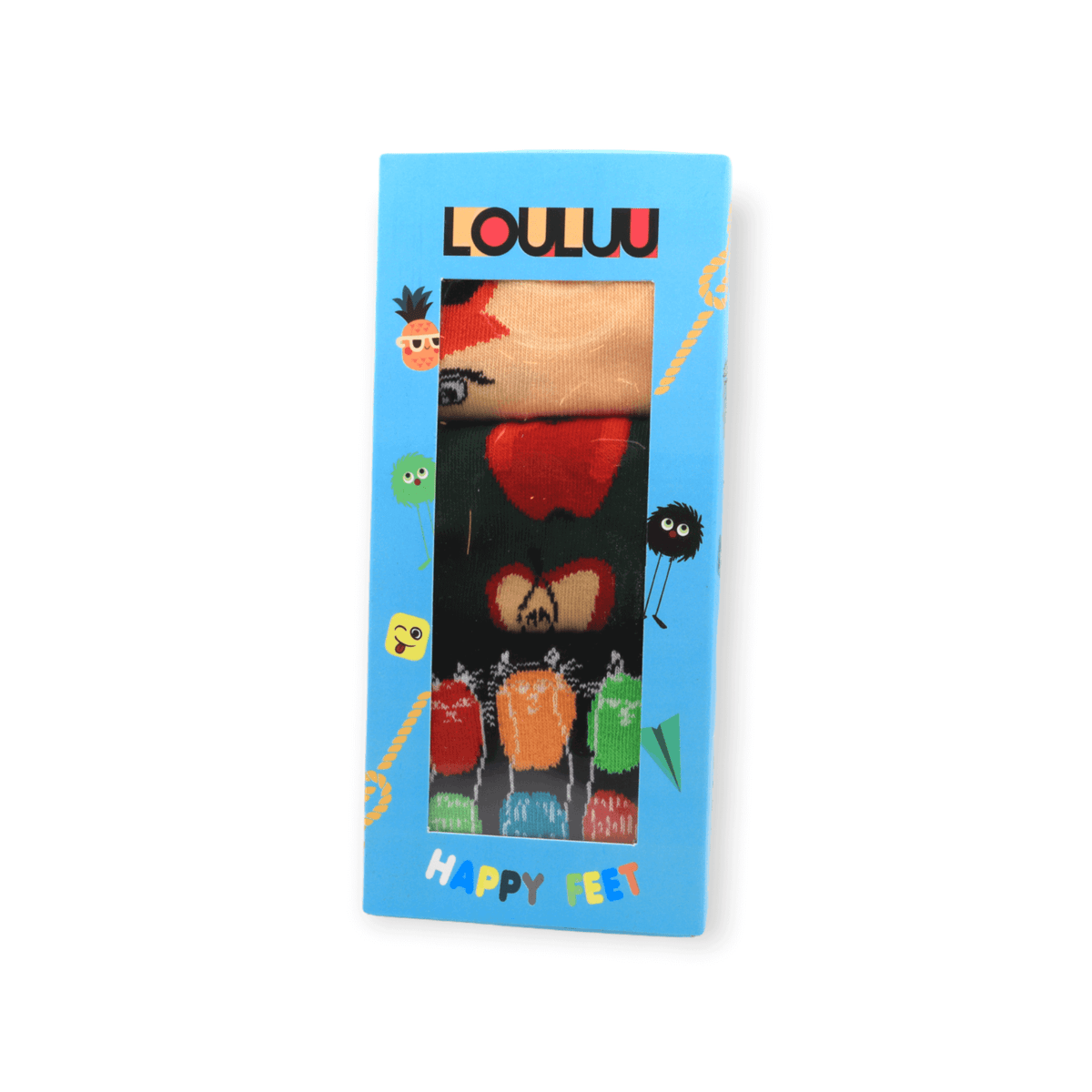 Front view of unisex three-pack socks box set with fox apple and mushroom designs