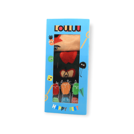 Front view of unisex three-pack socks box set with fox apple and mushroom designs