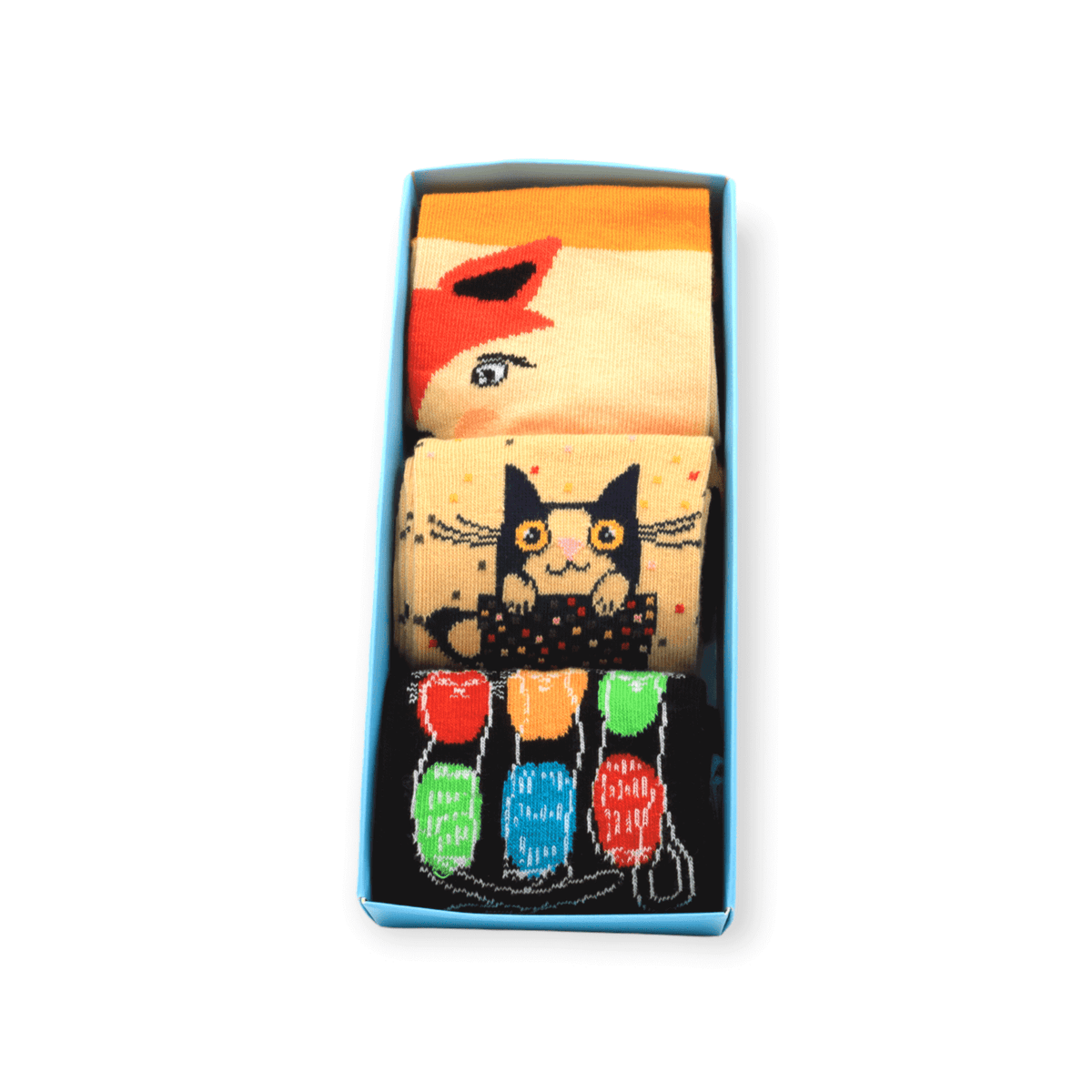 The full unisex three-pack socks box set with fox cat and three cats designs laid flat