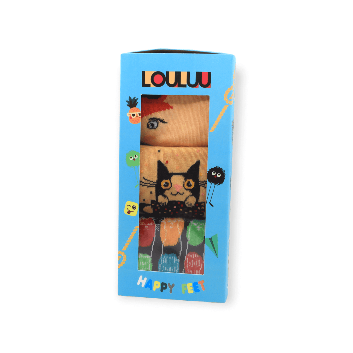 Front view of unisex three-pack socks box set with fox cat and three cats designs