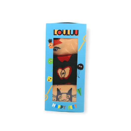 Front view of cotton socks box set with apple fox and cat in a cup designs