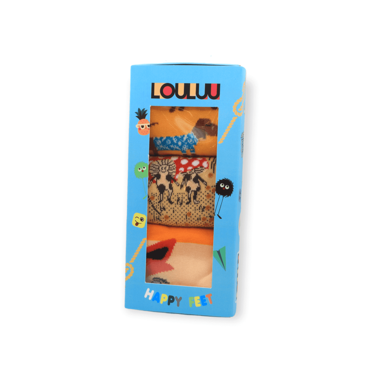 Front view of three-piece socks box set with sausage dog mushroom and fox designs