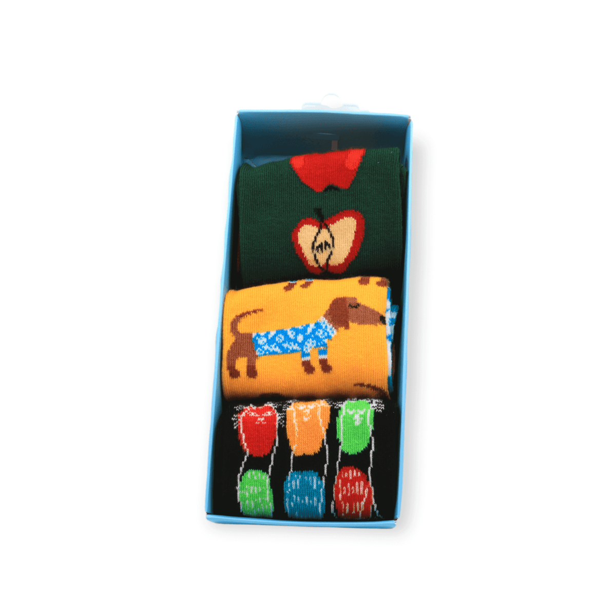 The full cotton socks box set with apple sausage dog and cats designs laid flat