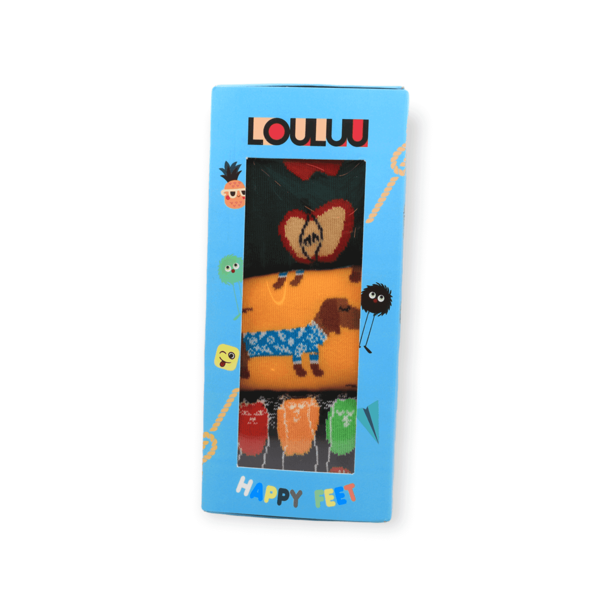Front view of cotton socks box set with apple sausage dog and cats designs