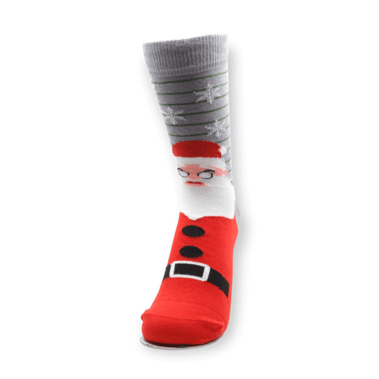 A pair of unisex Santa Claus Christmas cotton socks laid flat