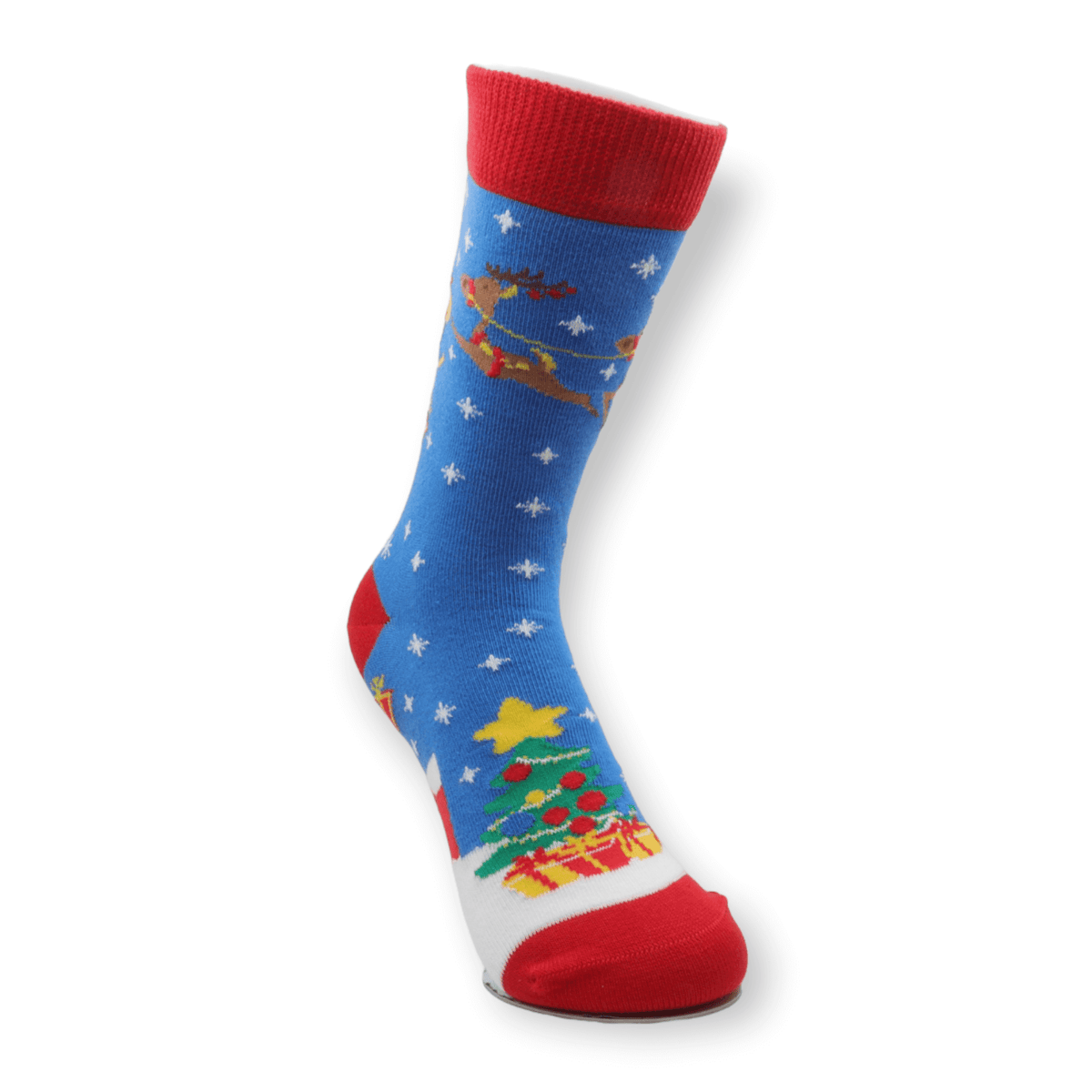 Close-up of the knitted design on unisex blue deer Christmas cotton socks