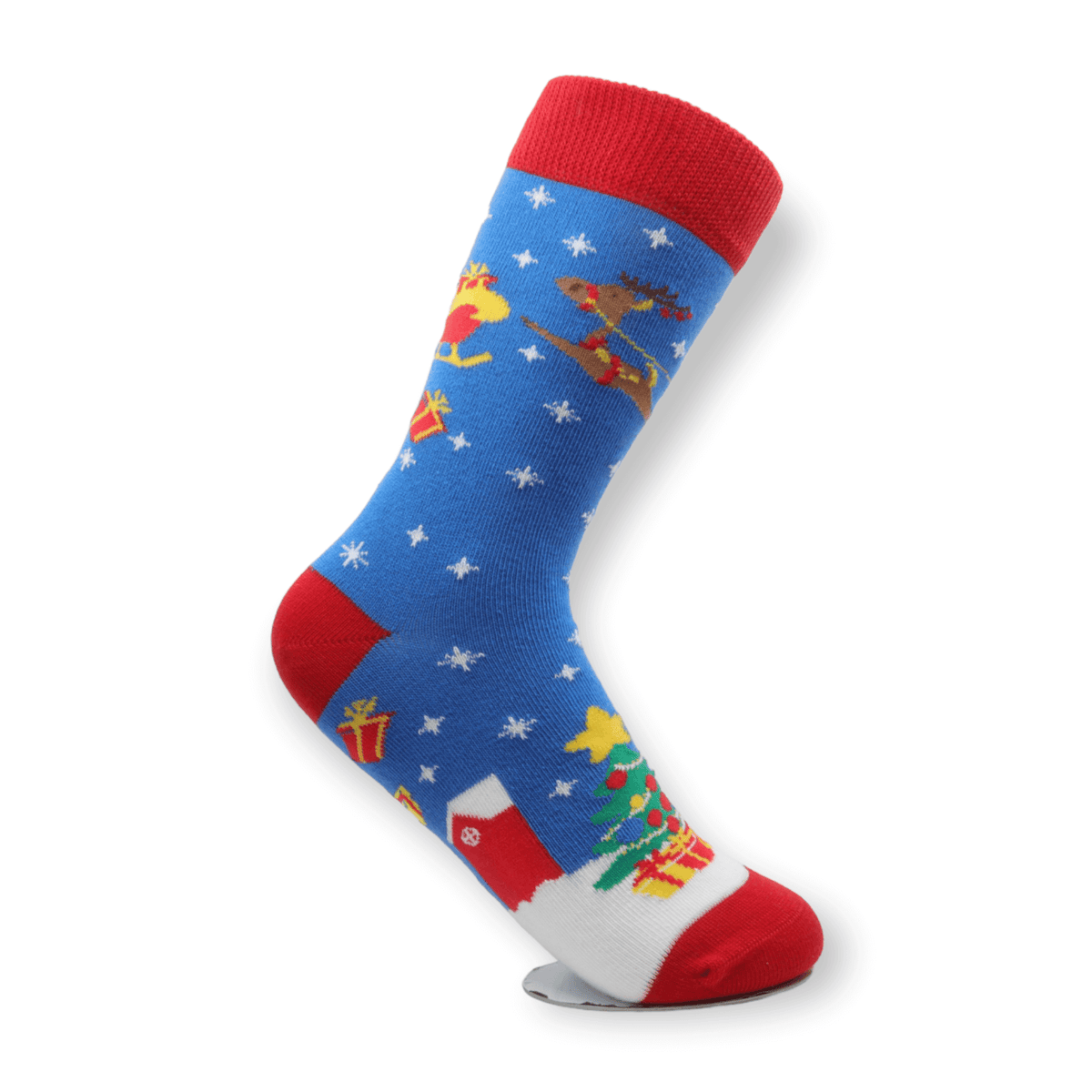 Cuff and ribbed top detail of unisex blue deer Christmas cotton socks