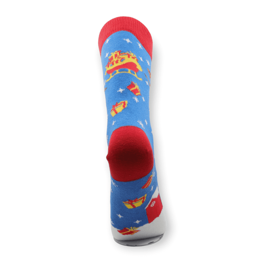 A pair of unisex blue deer Christmas cotton socks laid flat