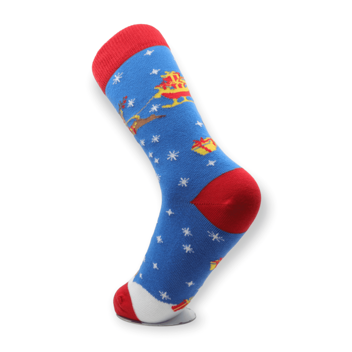 Top-down view of unisex blue deer Christmas cotton socks