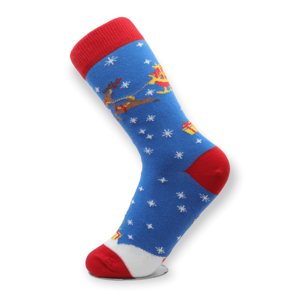 Front view of unisex blue deer Christmas cotton socks